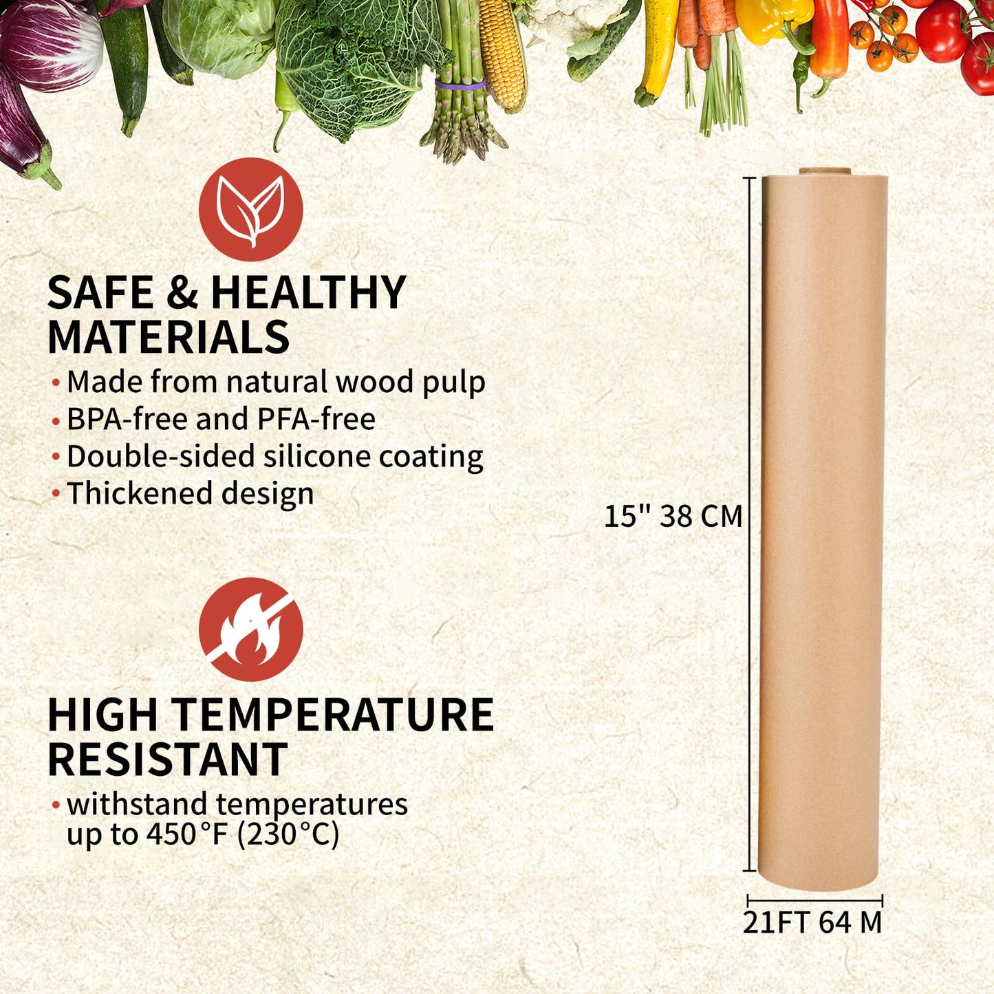 Unbleached Parchment Paper Roll, 15 in x 210 ft Unbleached Non-Stick Baking Paper, Heat Resistant & Food Grade Brown Parchment for Baking, Oven, Cooking, Grilling, Air Fryer