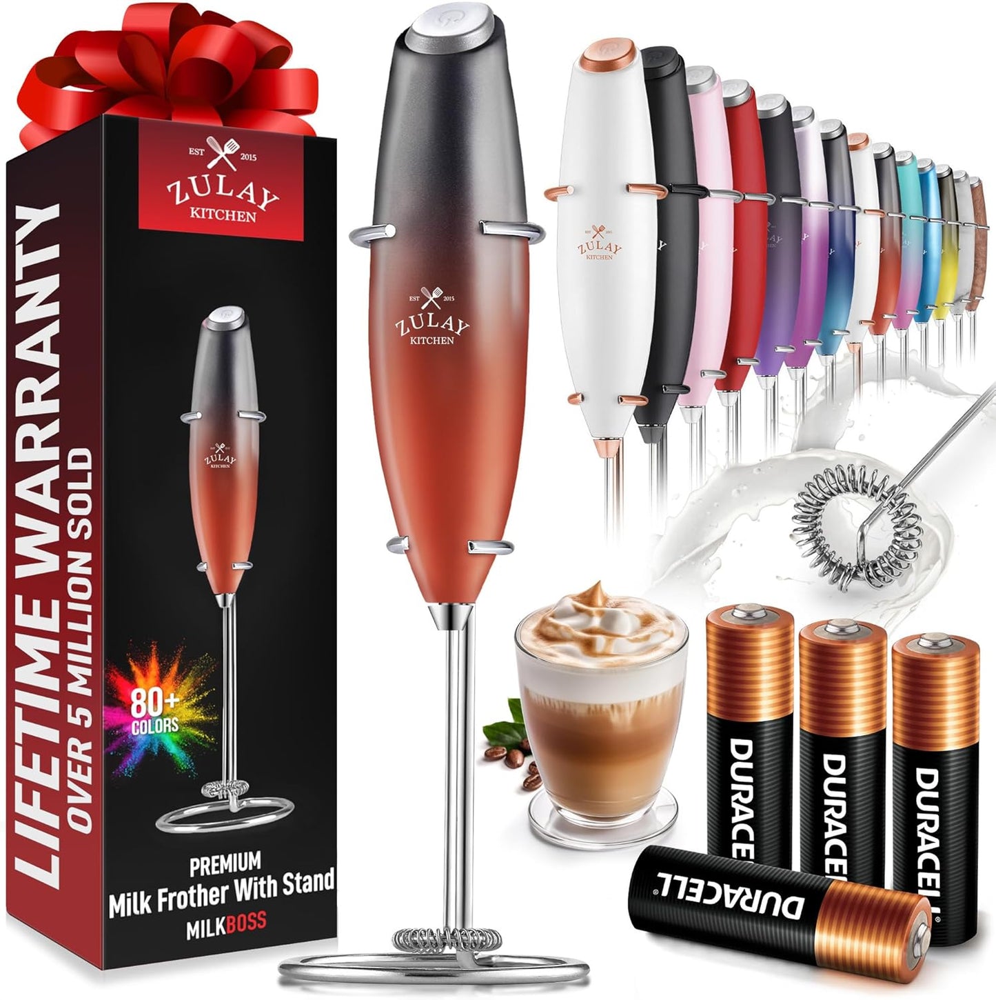 Zulay Kitchen Milk Frother Wand - Ultra-Fast Handheld Drink Mixer with 4 AA Batteries - Black & Red
