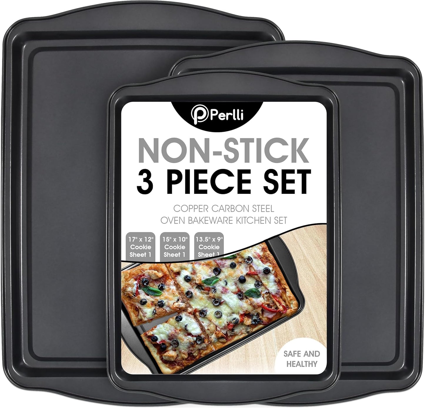 Perlli Non-Stick Baking Sheets - 3-Piece Carbon Steel Oven Tray Set | BPA-Free for Cakes & Cookies