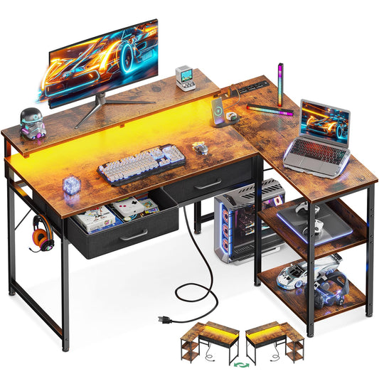 Coleshome 40 Inch L Shaped Gaming Desk with 2 Drawers & Storage Shelves, Computer Desk with USB Ports, Study Writing Table for Bedroom, Simple Modern Laptop Desk for Home Office, Vintage