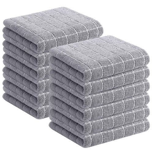 Homaxy 100% Cotton Terry Kitchen Towels(Light Grey, 13 x 28 inches), Checkered Designed, Soft and Super Absorbent Dish Towels, 12 Pack