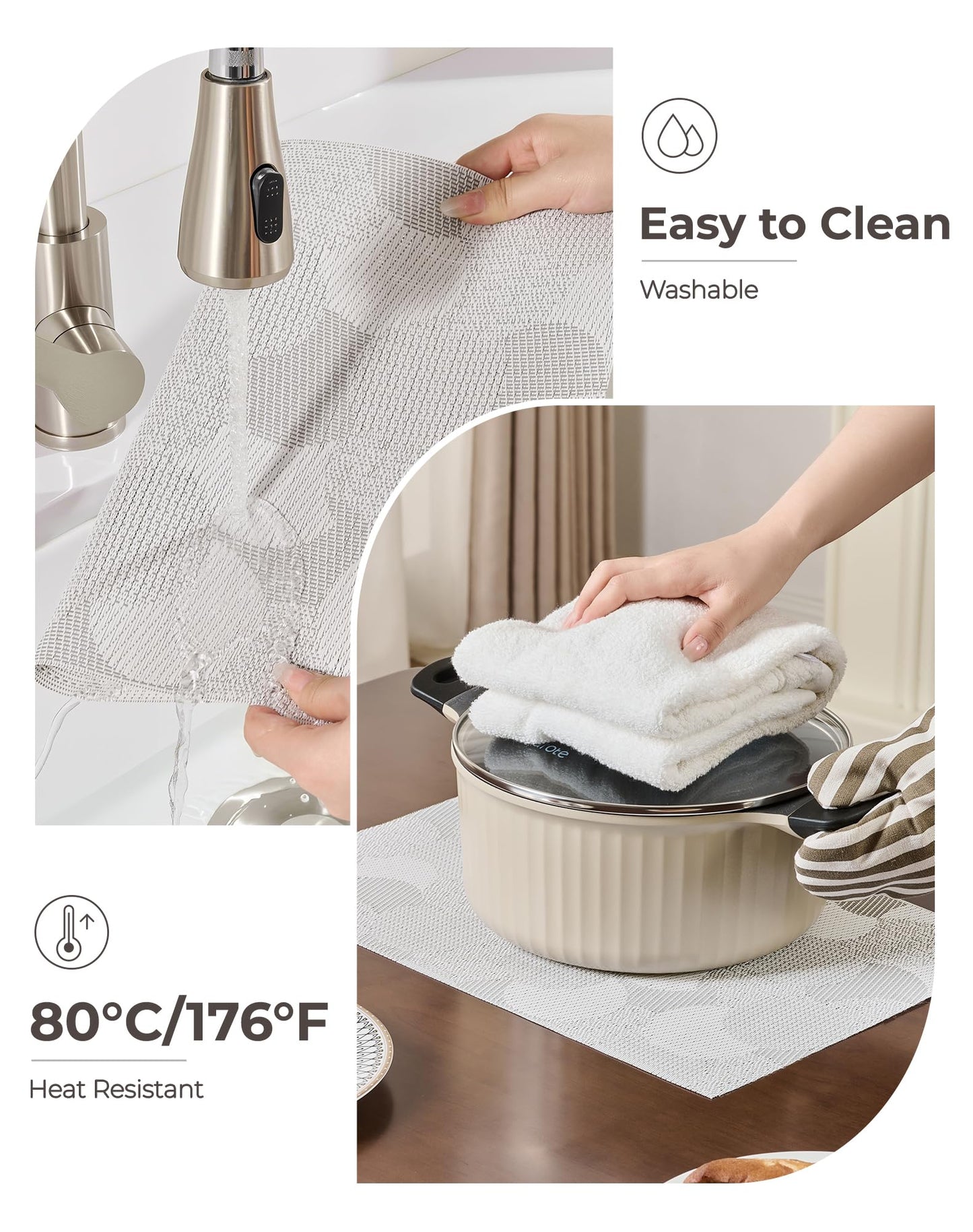 Leetaltree White Placemats Set of 6 - Heat Resistant Non-Slip Place mats for Dining Table, Washable Durable PVC Vinyl Woven Table Mats（White Circle, 6）