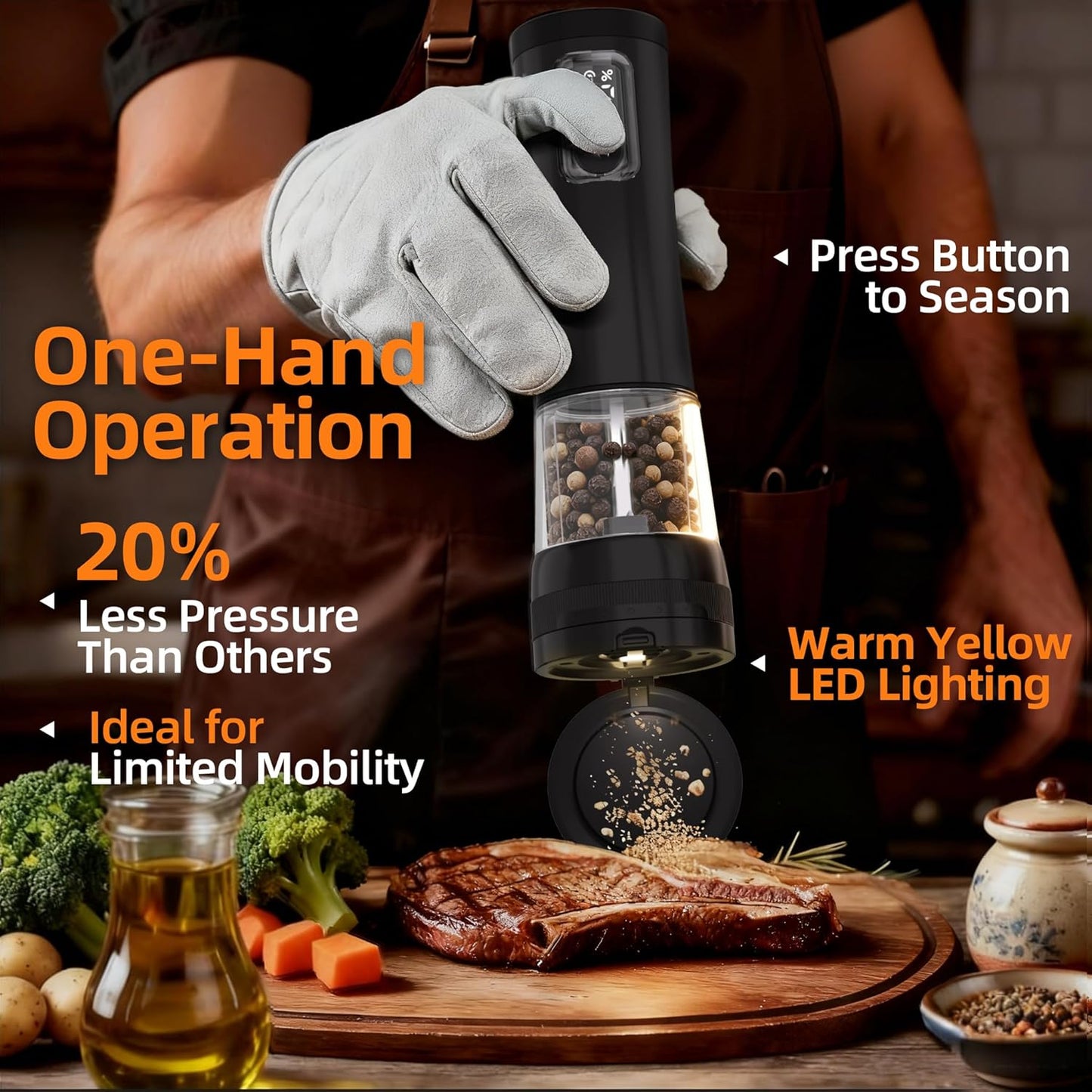 Skiennix Electric Salt and Pepper Grinder Set - Rechargeable Automatic Mill with LED Display & Adjustable Coarseness | 2-Pack, Black