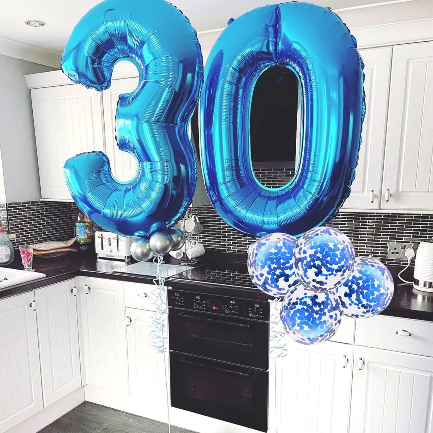 40 Inch Number 30 Foil Balloons, Large Blue 30th Birthday Digital Balloons with Blue Confetti Helium Balloons, Number 0 and 3 Helium Balloons Self Inflating for Men Women Anniversary Party Decorations