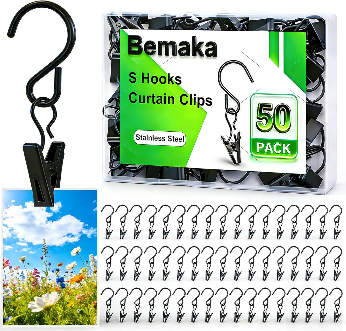 Skiennix S Hooks - 50 Pack Stainless Steel Curtain Hanging Clips - 2.4 Inch Metal Hooks for Photos & Decorations
