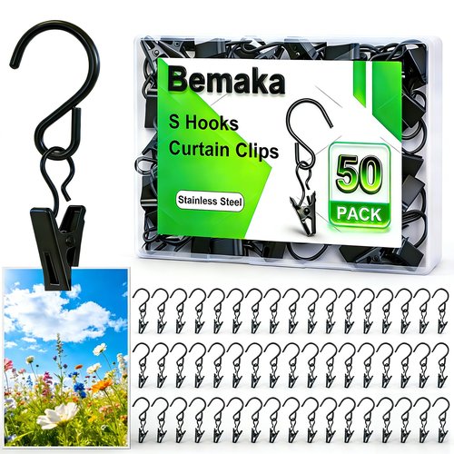 Bemaka 50 Pack S Hooks Curtain Hanging Clips, Stainless Steel Curtain Hooks 2.4 Inch Metal Clips Hook for Hanging Photo Christmas Party Lights Courtyard Decoration Art Craft