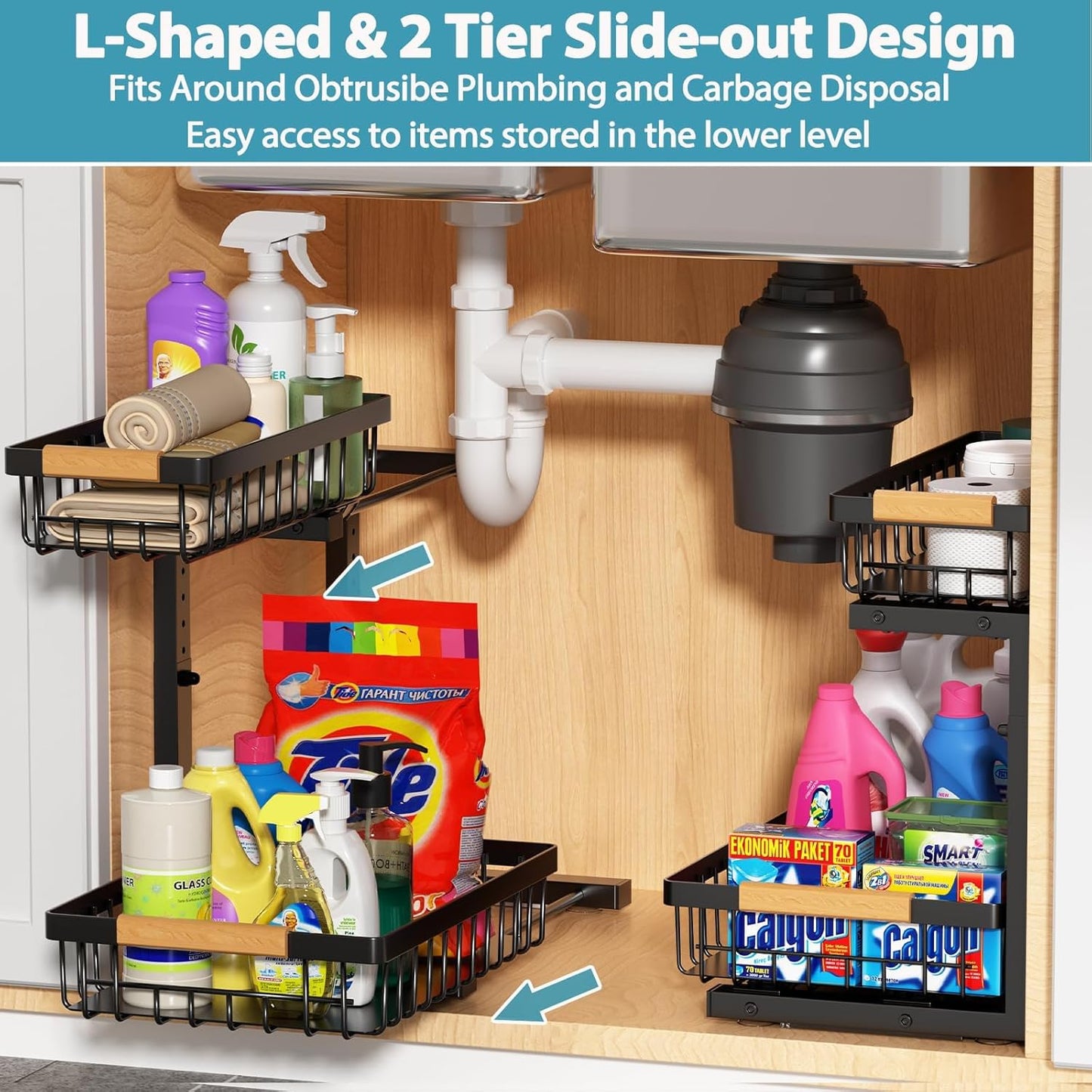 Liuoud Under Sink Organizer - 2 Pack Adjustable 2-Tier Storage Solution for Kitchen & Bathroom | Black