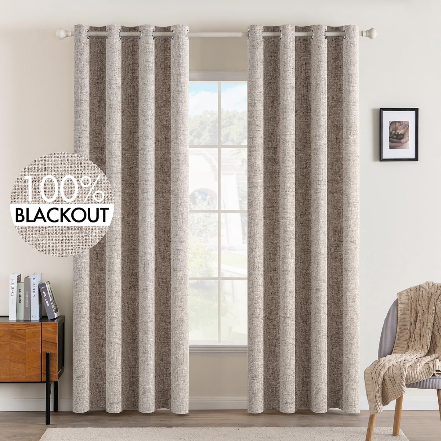 MIULEE Blackout Curtains - Thermal Insulated Linen Texture in Natural Khaki | 52 x 84 Inch (2 Panels)