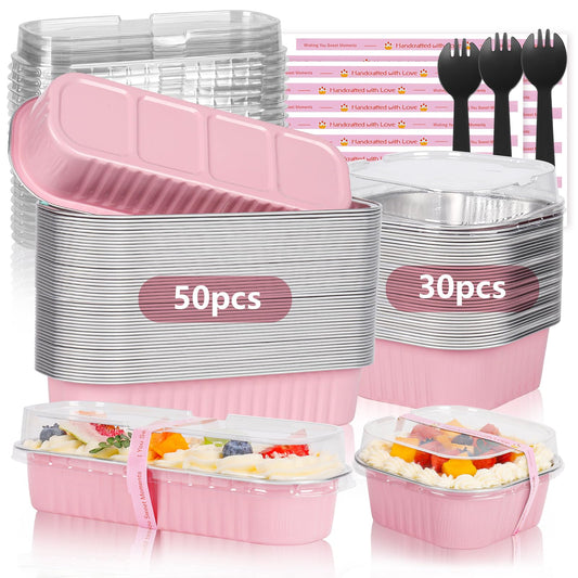 YQER Mini Loaf Pans with Lids for Baking Bread Disposable, Mini Baking Pans with Lids and Spoons Pink Sticker, 50 Pcs 6.8oz Mini Foil Cake Pans, 30pcs 10oz Mini Aluminum Square Baking Cups with Lids