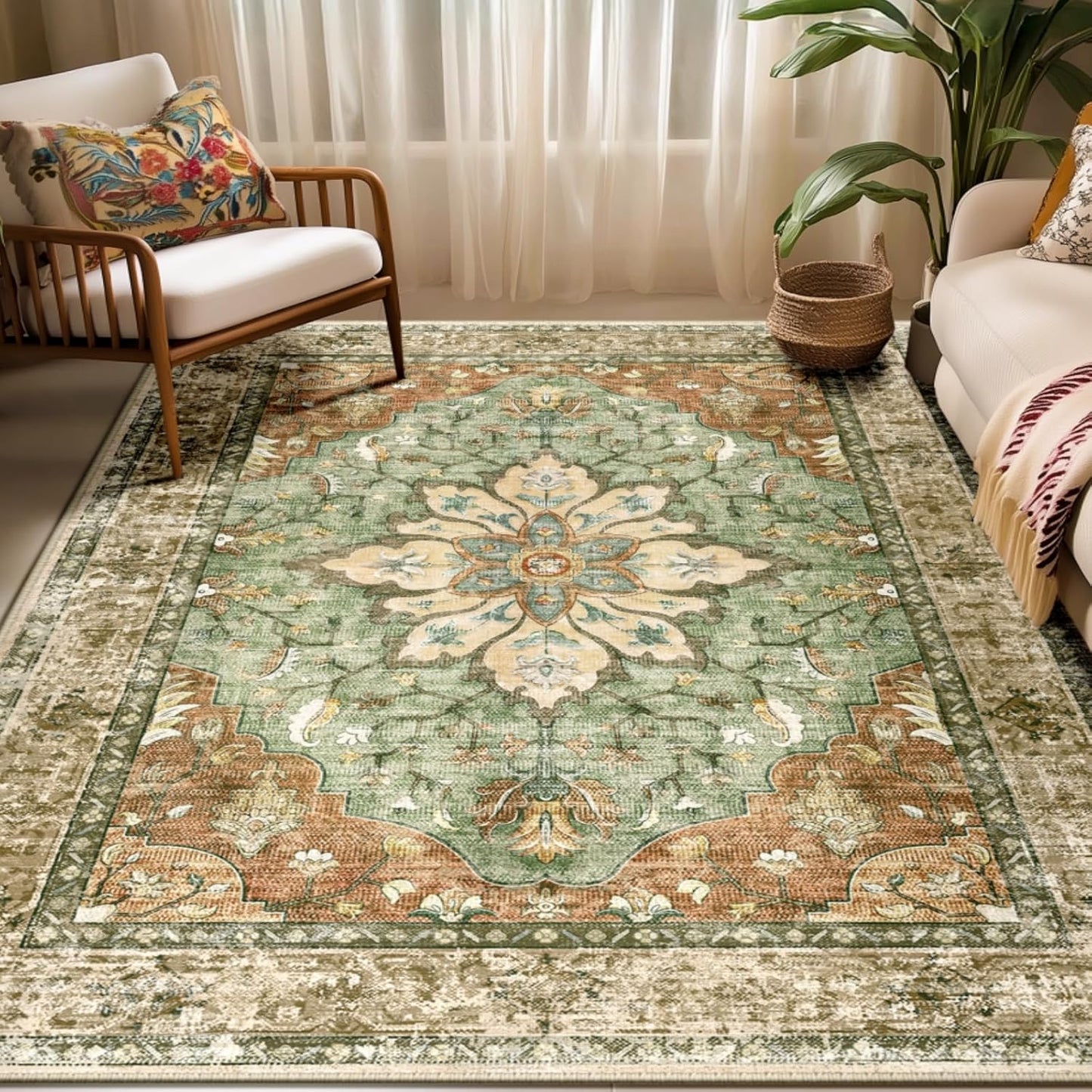 Releany Area Rugs - 5'x7' Washable Non-Slip Floral Vintage Medallion Carpet | Brick Red & Rust
