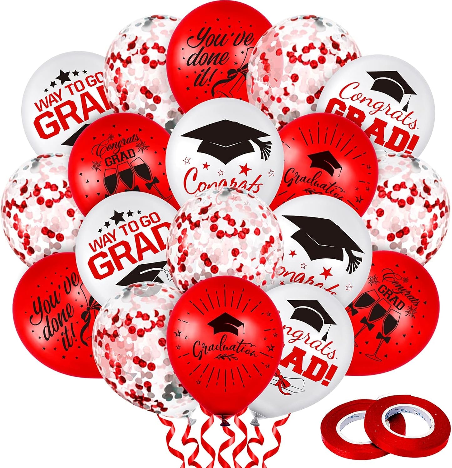Whaline Graduation Party Balloons Set - 60 Pcs with Confetti & Grad Cap Designs | Red & White