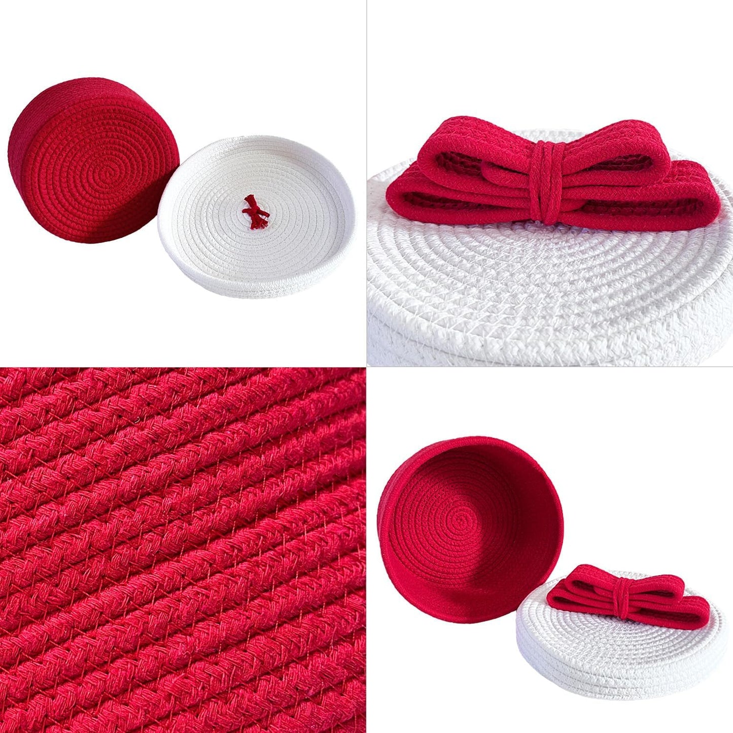 Skiennix Round Woven Rope Storage Basket - Cute Lid & Bow Handle - Ideal for Toys & Home Decor - Red