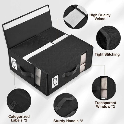 Homsorout Bed Sheet Organizer - Foldable Linen Storage with Window | XL 6-Pack for Blankets & Duvet Covers, Black
