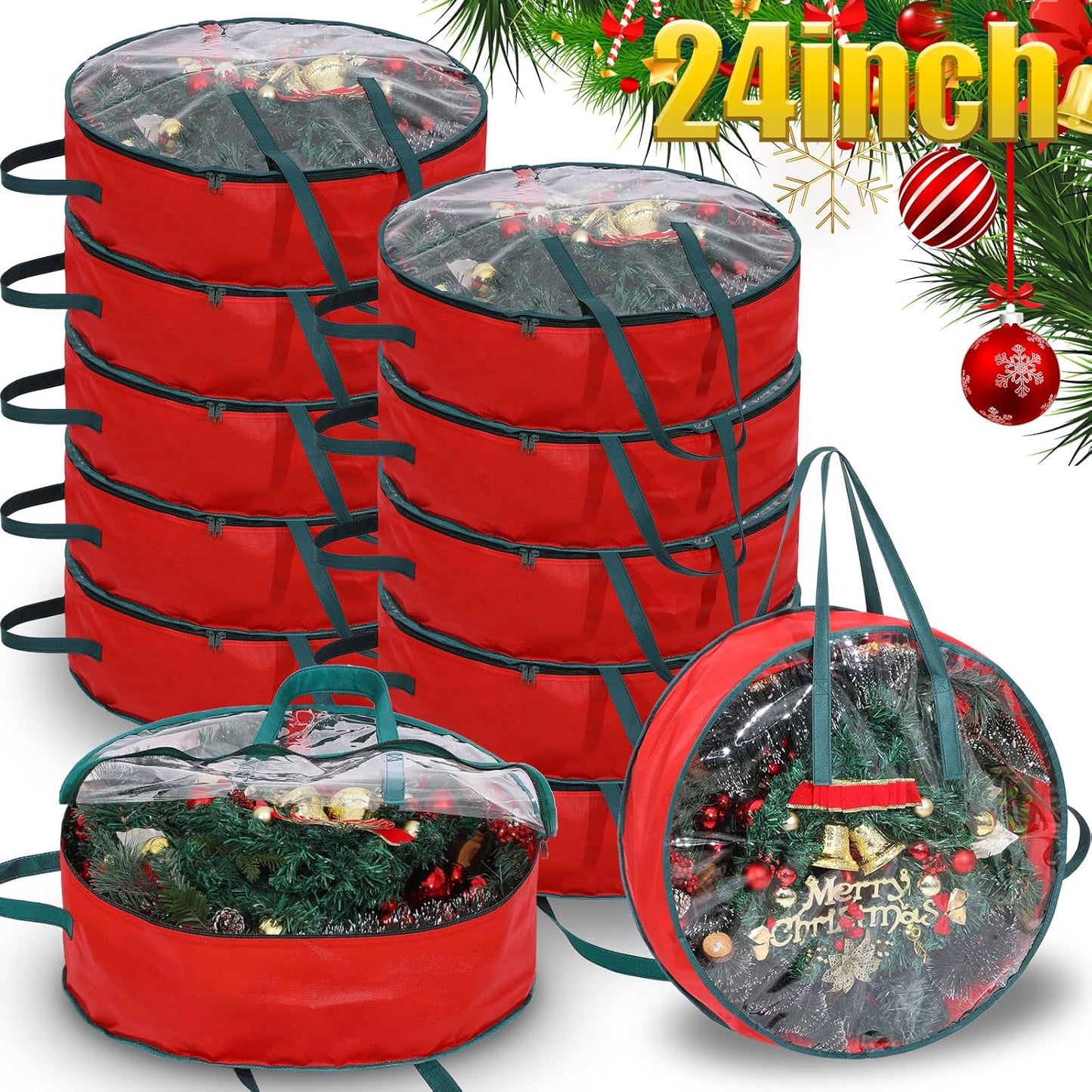 Shappy 12 Pcs Wreath Storage Bag - Clear Window & Handle for Holiday Decor | 24 Inch Containers
