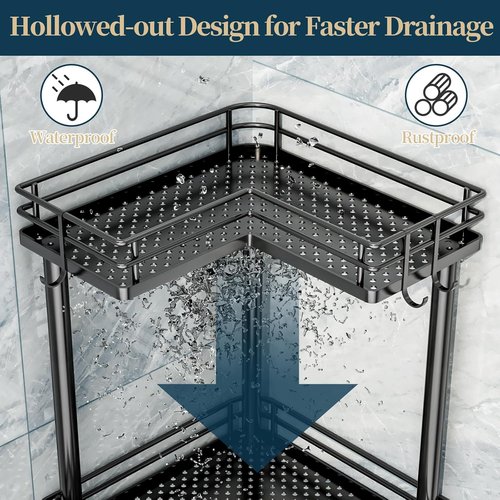 Consumest 3-Tier Corner Shower Caddy - Stainless Steel Organizer with Soap Holder & 4 Hooks | Large Capacity, Black