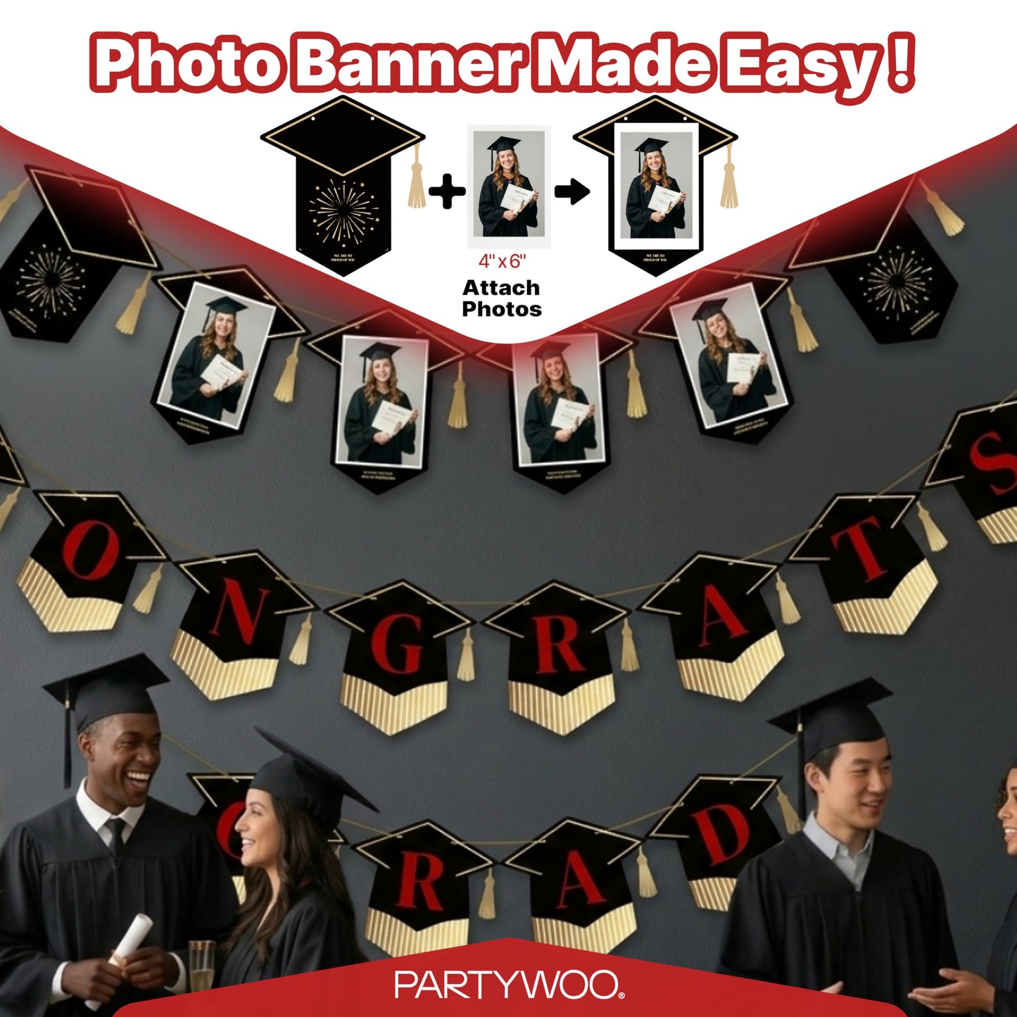 PartyWoo Class of 2026 Black and Red Graduation Banner Decorations 2pcs Black Red 2026 Hanging Congrats Grad Party Banner Supplies for Middle High School College Graduation Party Decorations