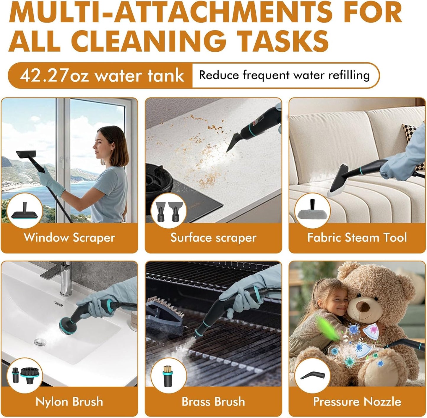 Skiennix Handheld Steam Cleaner - 15s Heat-Up, 42.27oz Tank, 2500W Power with 15 Accessories for Home Cleaning