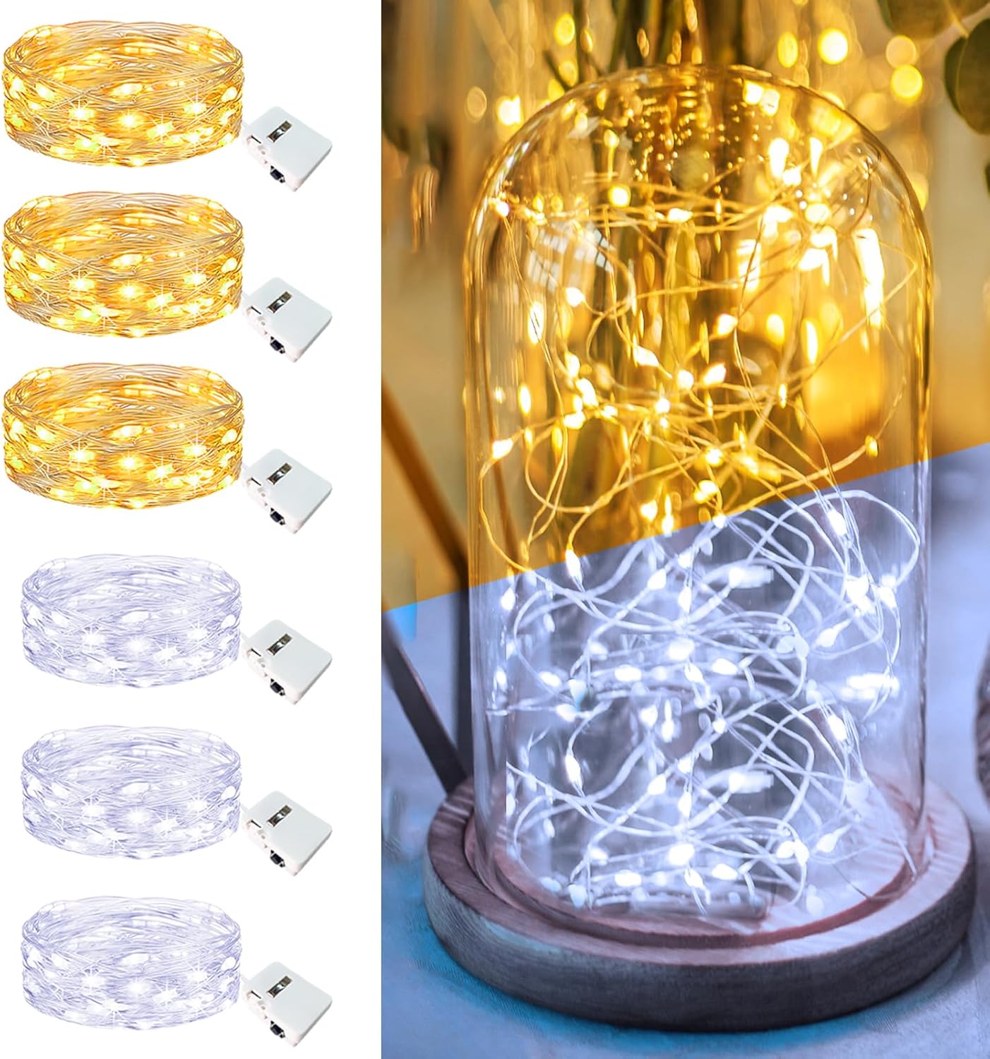 Skiennix 6 Pack Fairy Lights - 7ft Battery Operated Twinkle Lights, Waterproof for Mason Jars & DIY Decor | Warm & Cold White