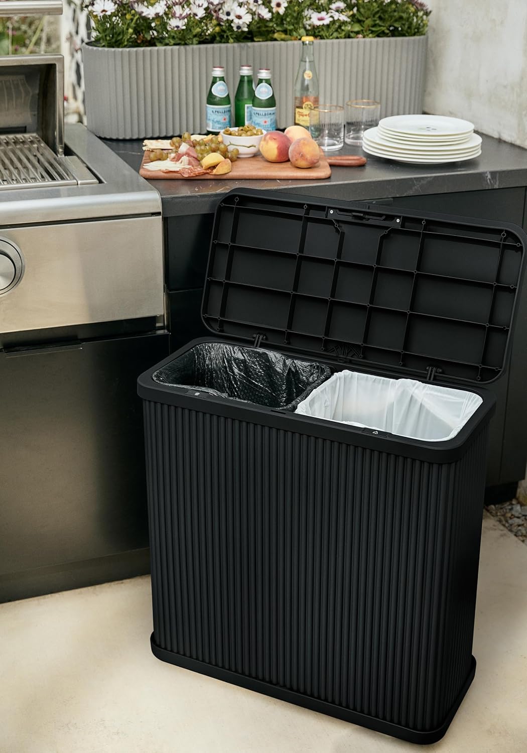 Veradek Tambour Series Outdoor Trash Can - All-Weather Waste Bin with Lid | 30 Gallon Dual Bag System for Patio & BBQs