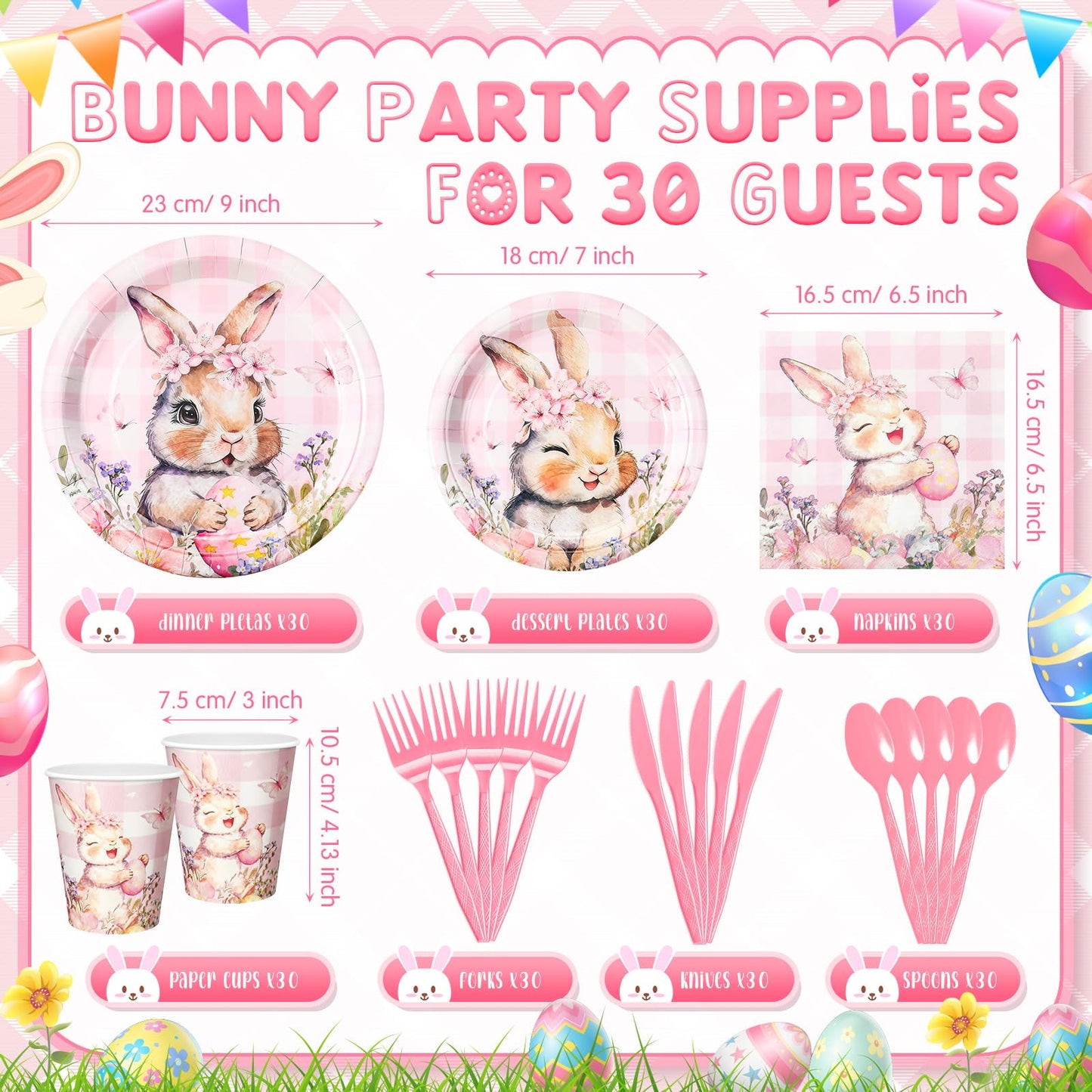 Honeydak 210 Pcs Pink Bunny Party Supplies for 30 Guests, Includes Spring Rabbit Plates, Cups, Napkins, Cutlery - Cute Pink Bunny Tableware Decoration for Baby Shower Easter Party