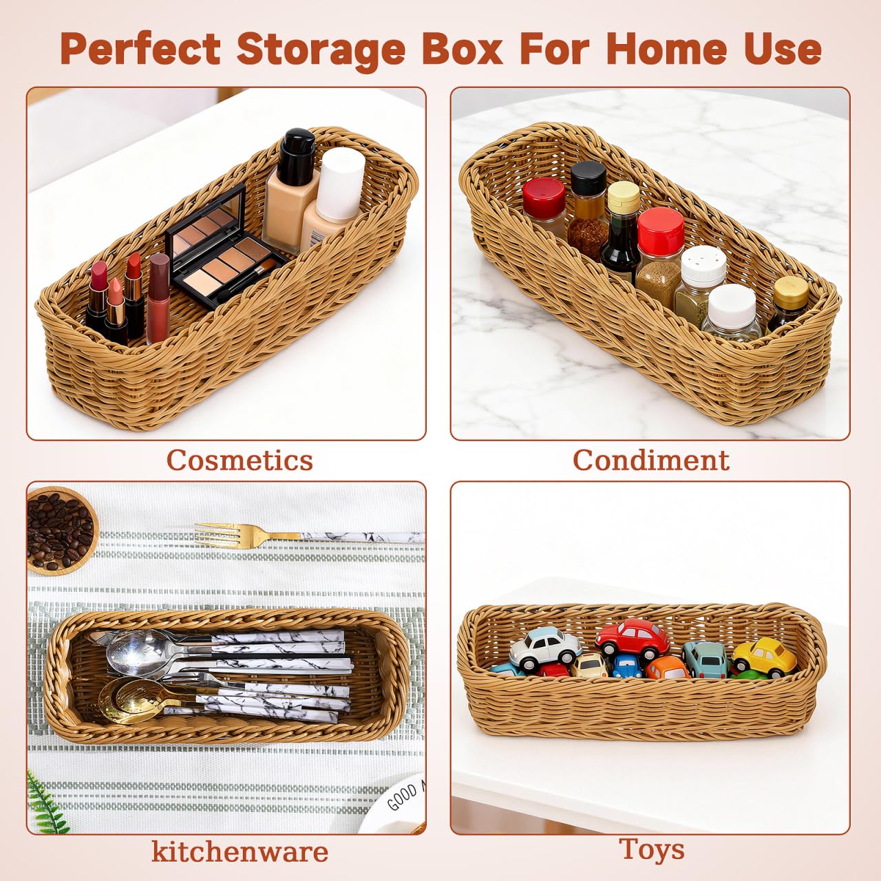 Cabilock 2pcs Wicker Cutlery Basket, Rectangular Woven Storage Bins for Kitchen Drawer, Rattan Utensil Organizer Tray, Flatware Silverware Holder for Dining Table Countertop