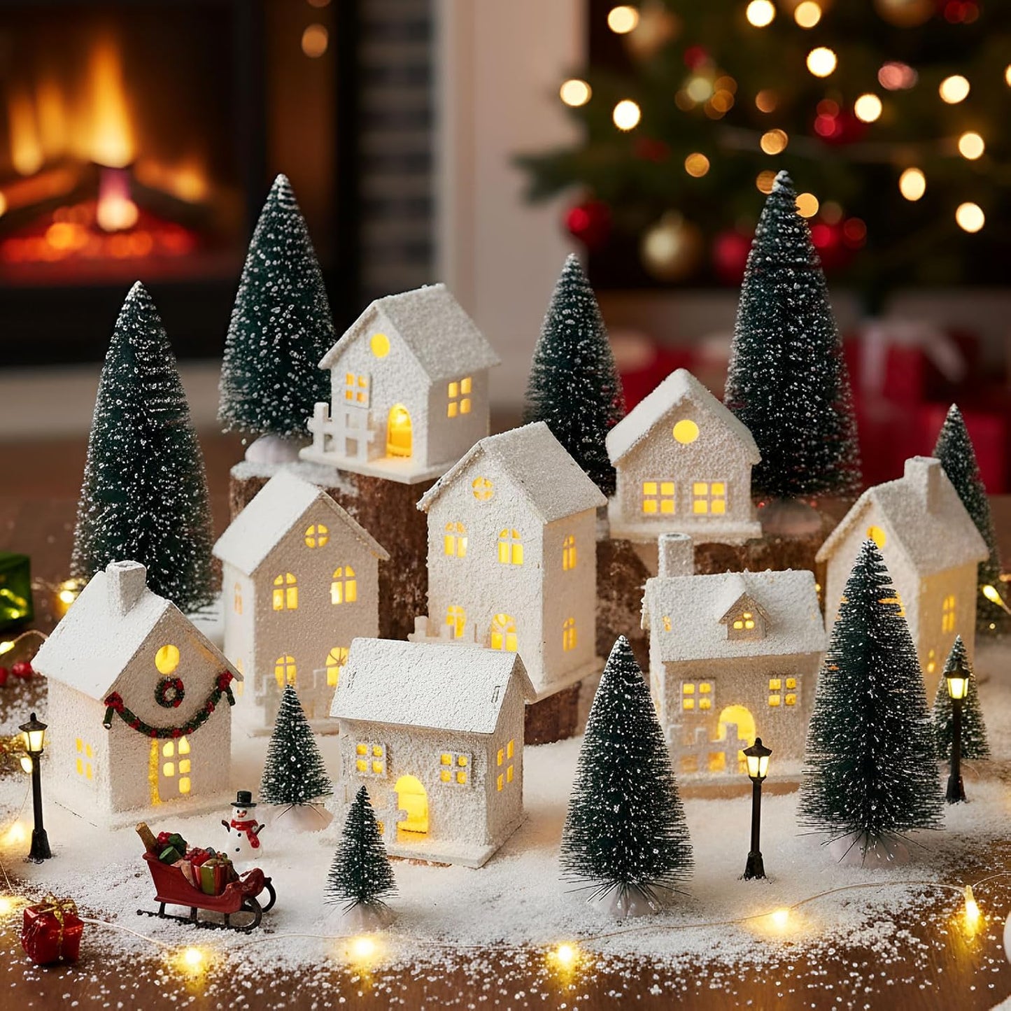 Kajaia Christmas Winter Village Set - 12 Houses with LED Lights & Trees | Cute White Figurines