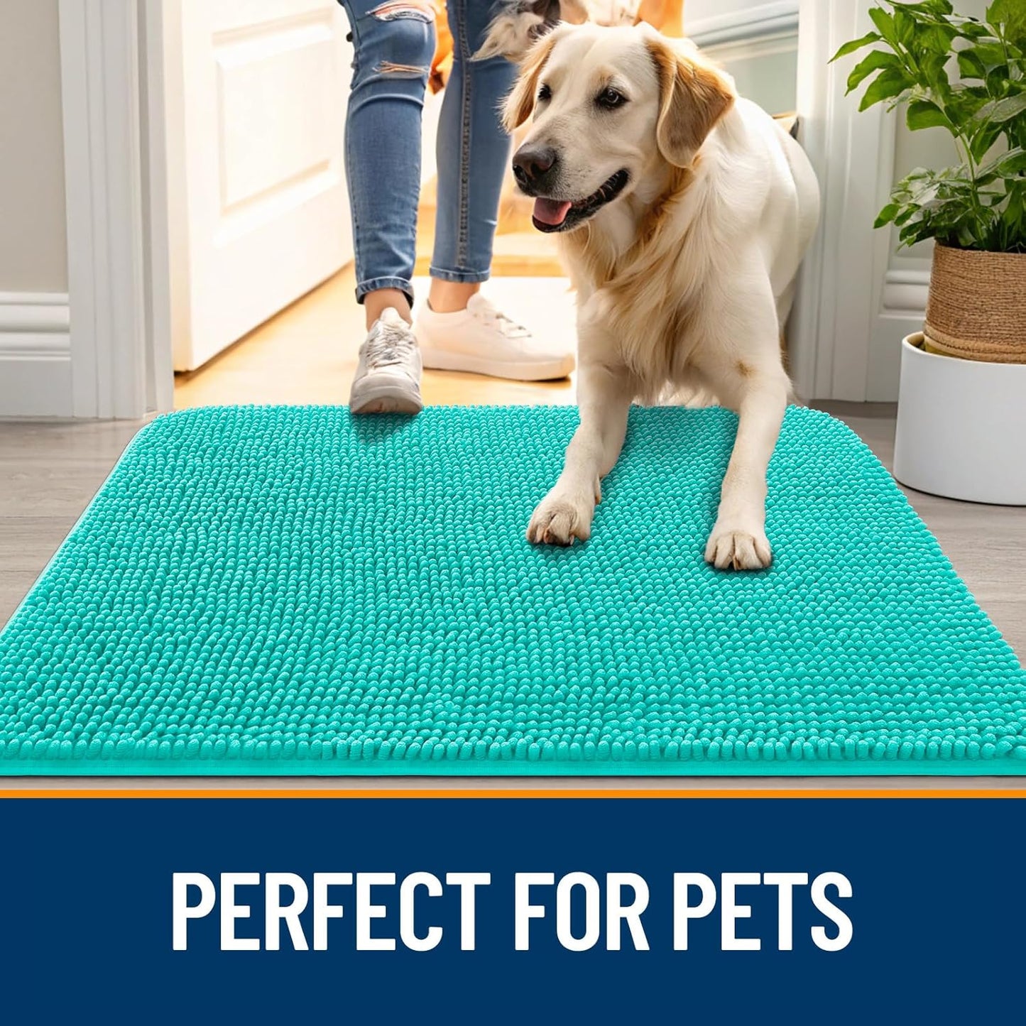 OLANLY Dog Door Mat - Absorbent Non-Slip Washable Doormat for Muddy Paws | 44x24 Teal Chenille Mat