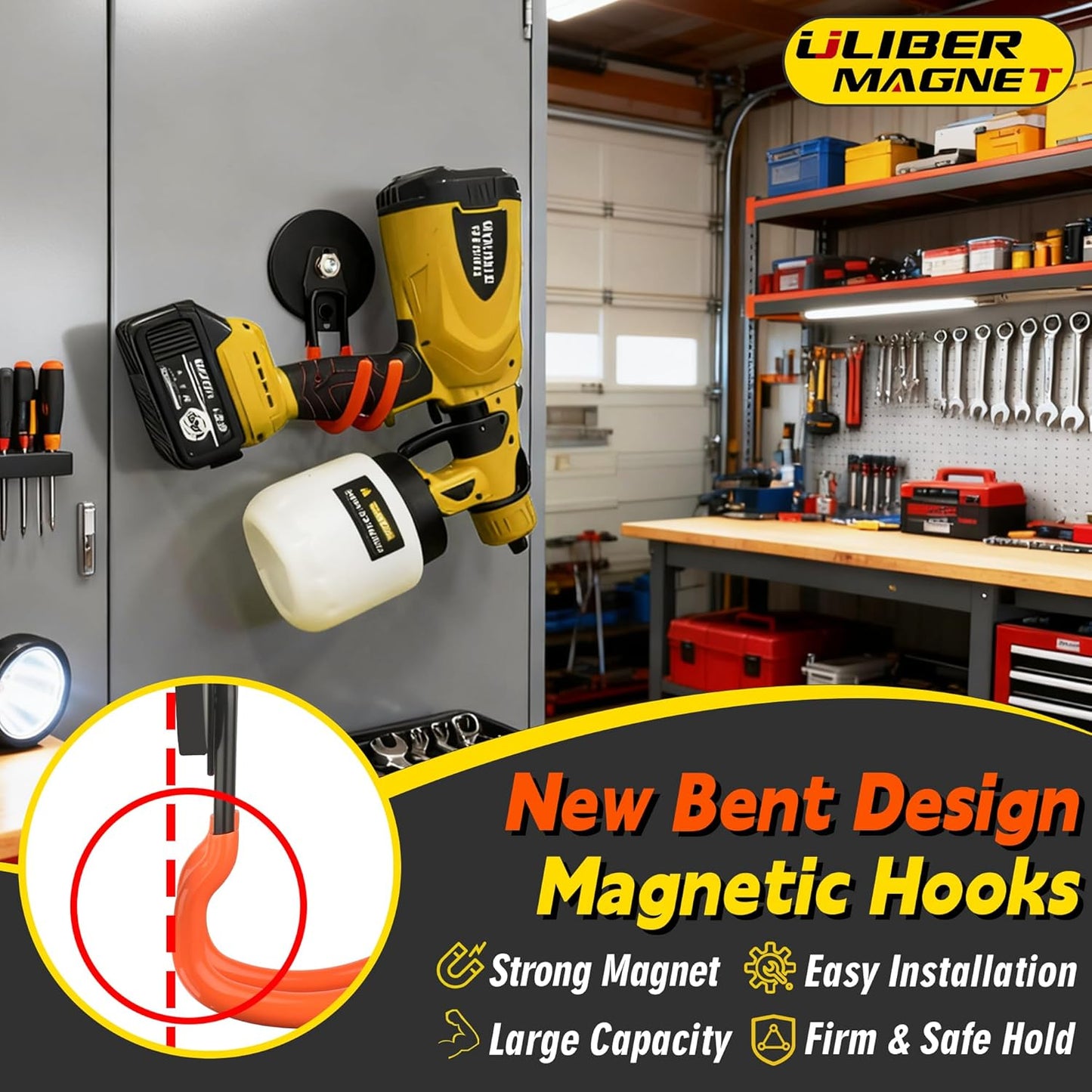 ULIBERMAGNET Ultra-Strong Magnetic Hooks - 40LB Hold for Heavy-Duty Tools | 2 Pack, Orange, 3.46 Inch