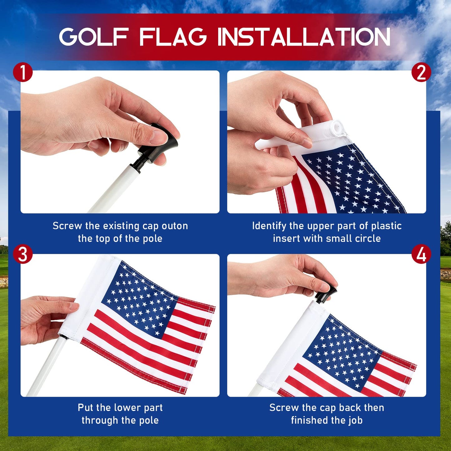Moukeren 9 Pcs Golf Flag 8 x 6 Inch Putting Green Standard Practice American USA Double Side 420d Nylon for Indoor Outdoor Backyard Veterans Day Patriotic(hole Diameter 0.51)