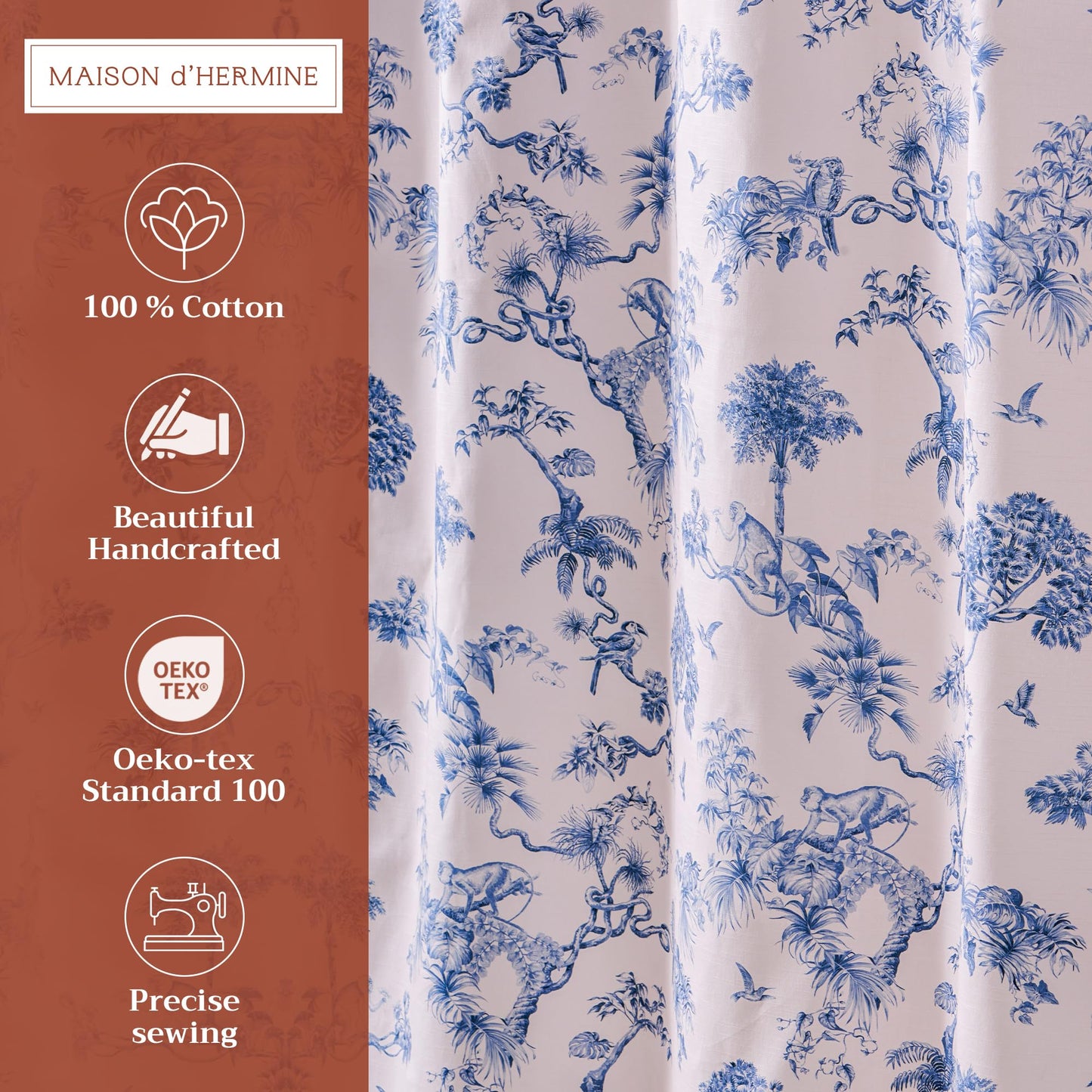 Maison d' Hermine Shower Curtain 100% Cotton One Panel 70"x72" Washable Fabric Shower Curtains for Bathroom, Easy Hanging with 12 Button Holes - Home Hotel Spa Gifts for Mothers Day (Bonobo - Blue)