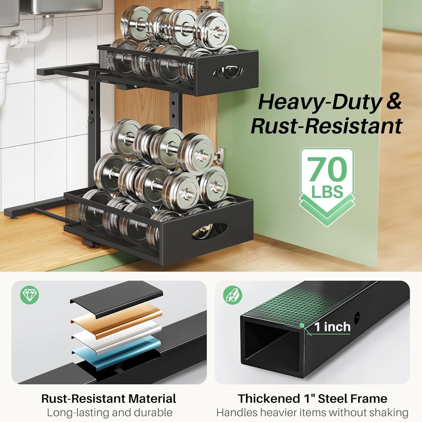 Under Sink Organizer | 2-Pack Metal Slide-Out Storage Shelf Rack - Adjustable Height, XL Black