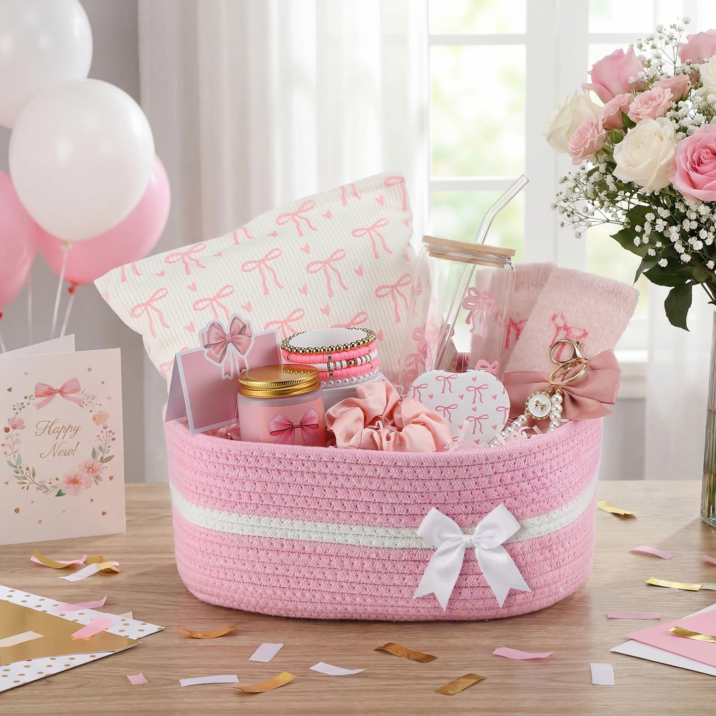 Willinglong 10 Pcs Gift Basket for Teen Girl Coquette Pink Bow Basket Stuffers for Women Coquette Bow Birthday Gift Box for Sister Daughter Friends