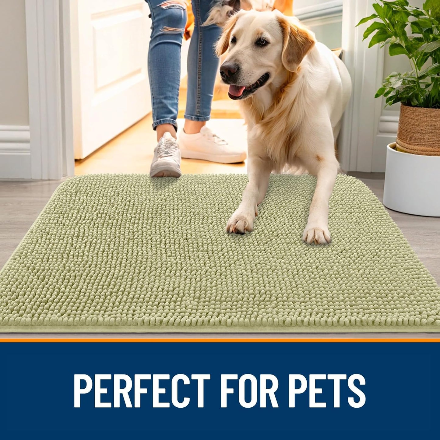 OLANLY Dog Door Mat - Absorbent Non-Slip Washable Doormat for Muddy Paws | 47x32, Quick Dry Chenille in Vanilla