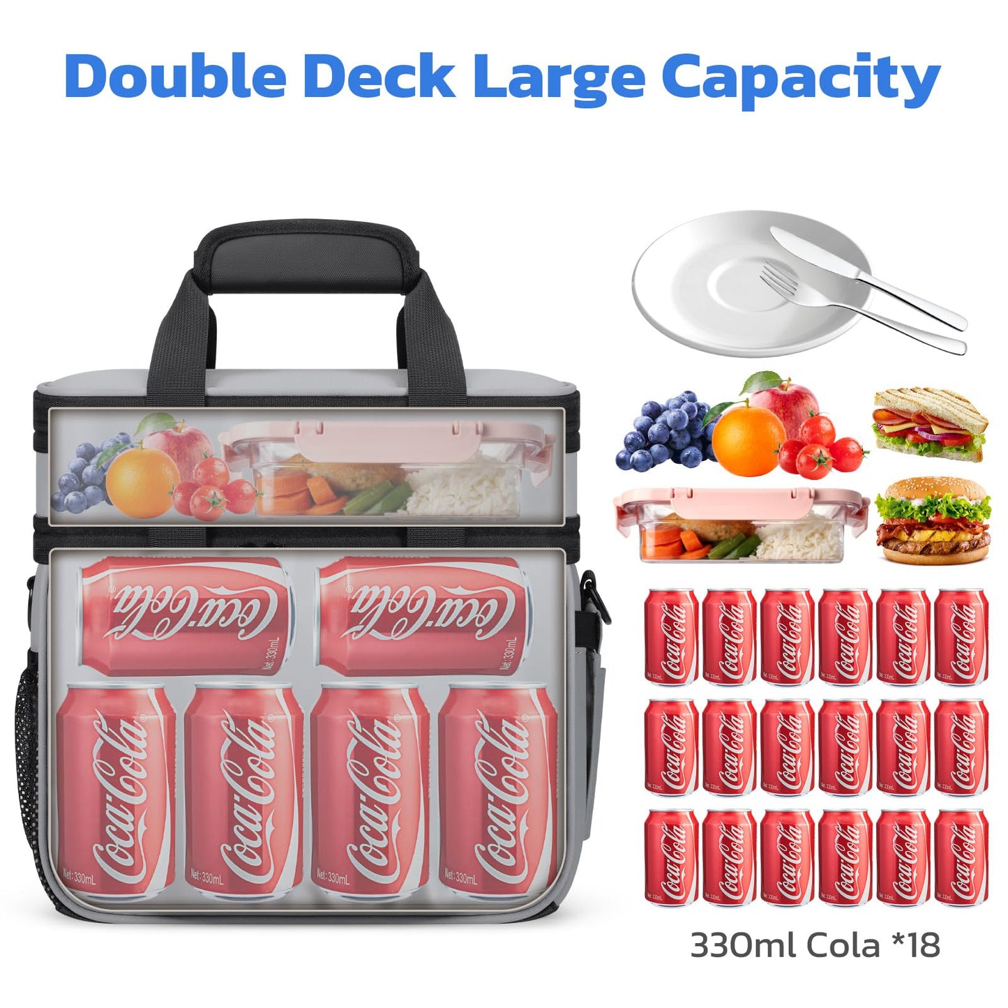 Maelstrom Lunch Box, 20L Insulated Lunch Bag for Men Women, Expandable Double Deck Leakproof Cooler Bag with 6 Pockets, Reusable Lunch Tote Bag for Work, Picnic, Travel, Grey