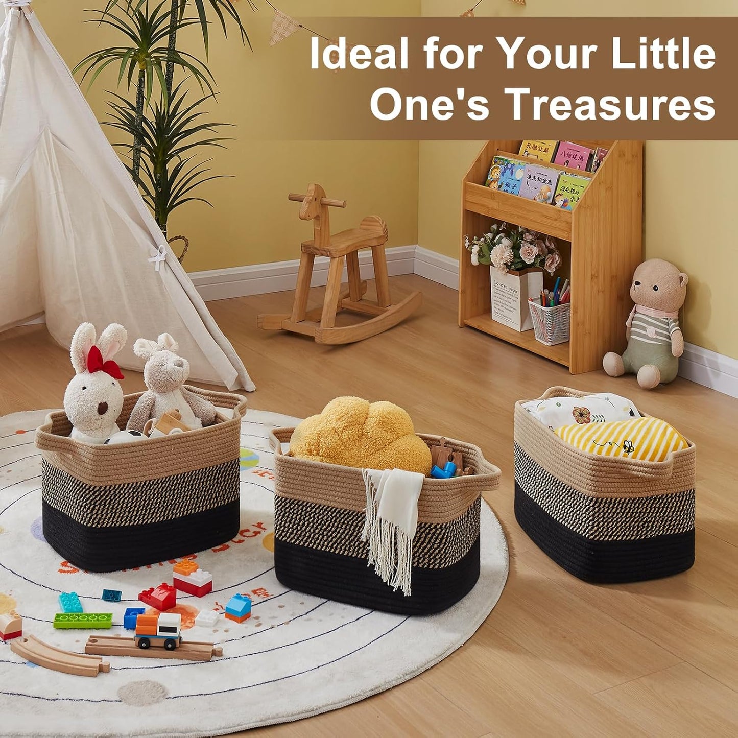 OIASKET Storage Basket - Woven Organizing Bins for Toys, Books, Nursery | Pack of 3 (Black & Brown, 13"x9.85"x8.7")