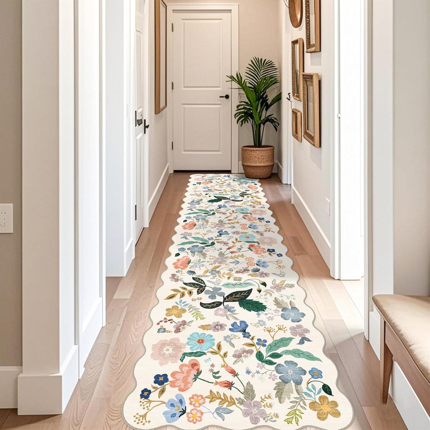 Skiennix Washable 3x12 Hallway Runner Rug - Soft Floral Scalloped Design | Non-Slip, Water-Resistant Cream Carpet for Entryway, Kitchen, and Nursery