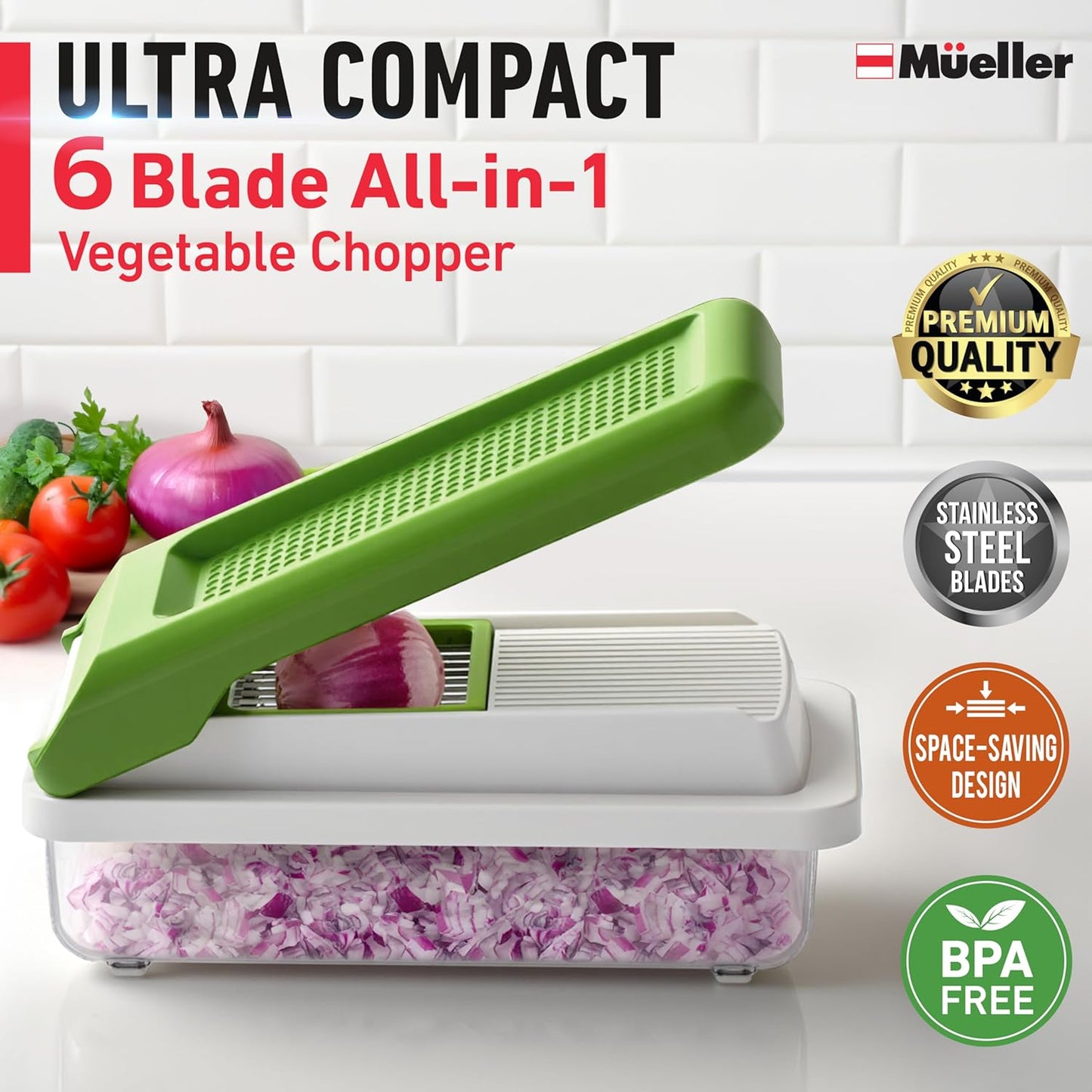 Mueller Vegetable Chopper - Versatile Mandoline Slicer & Dicer with Container | White Sand/Green