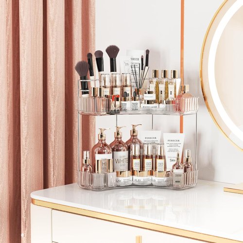 Asayuee 2-Tier Corner Bathroom Organizer - Large Clear Makeup & Skincare Holder with Toothbrush Slots