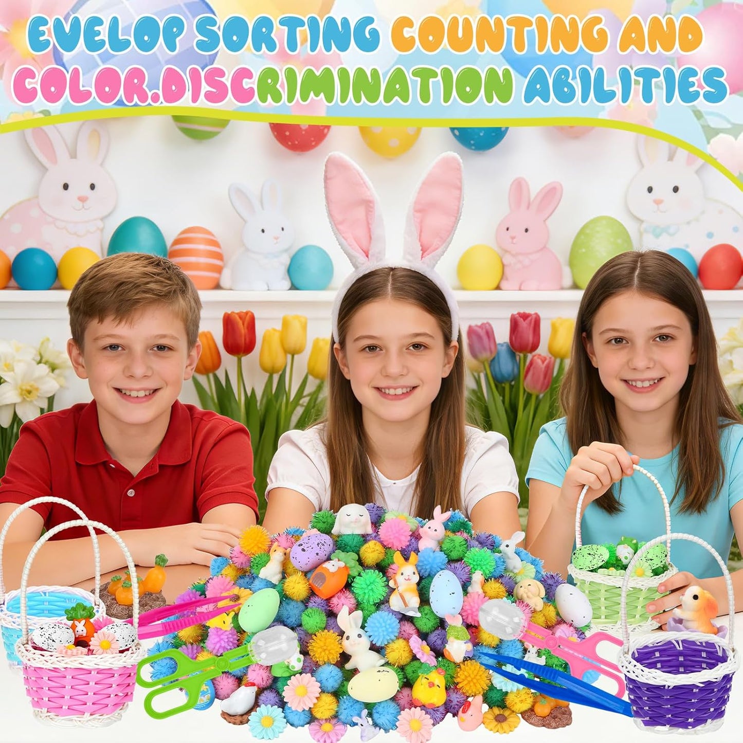 Skiennix Easter Sensory Bin Filler - 287 Pcs Colorful Eggs, Bunnies & Flowers for Counting Fun