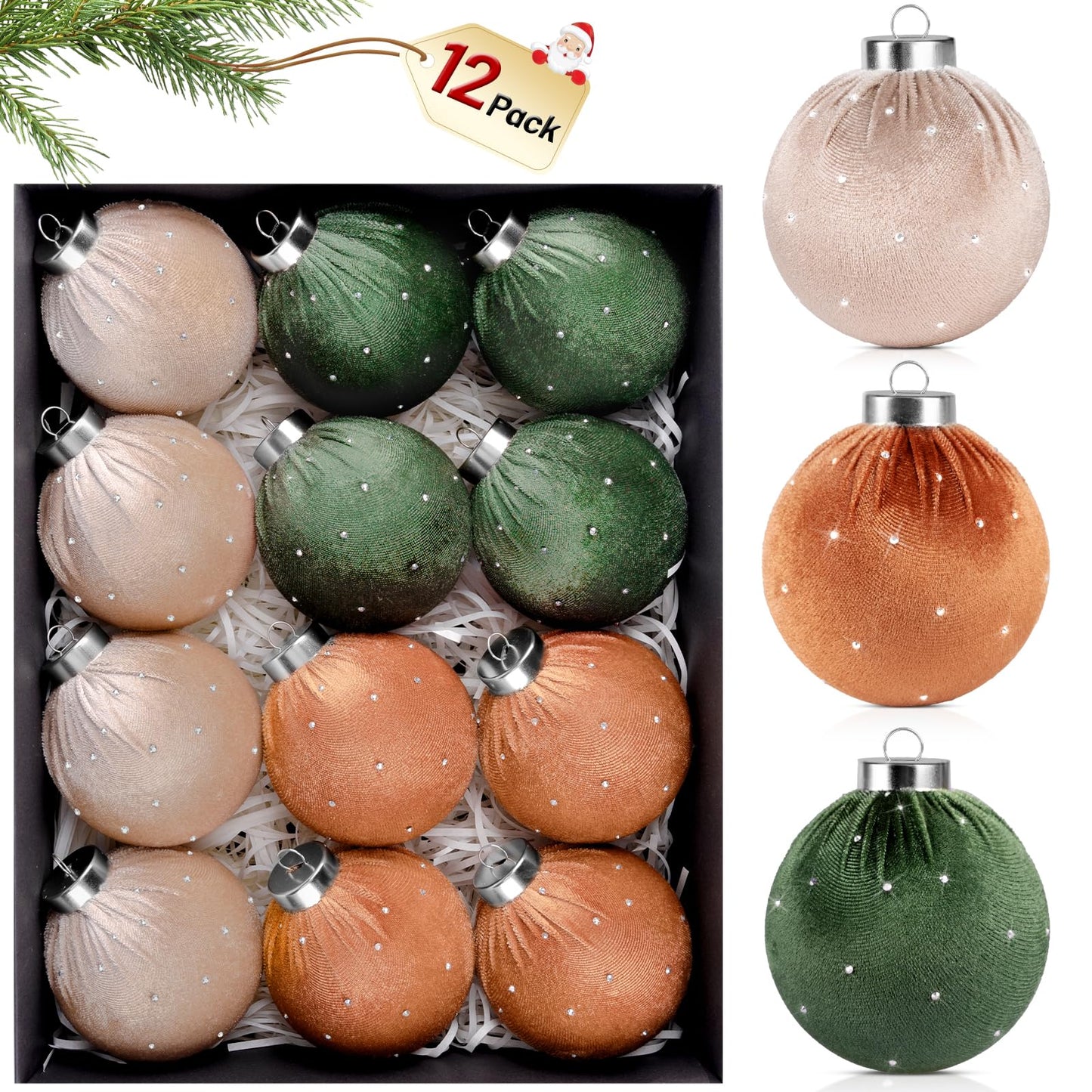 TonJin Christmas Tree Ornaments Velvet Balls 12 Pack, 3.15"/80mm Glitter Shatterproof Hanging Flocked Large Xmas Bulbs Decorations, Lightweight,Green Burnt Orange Neutral Holiday Party Home Decor