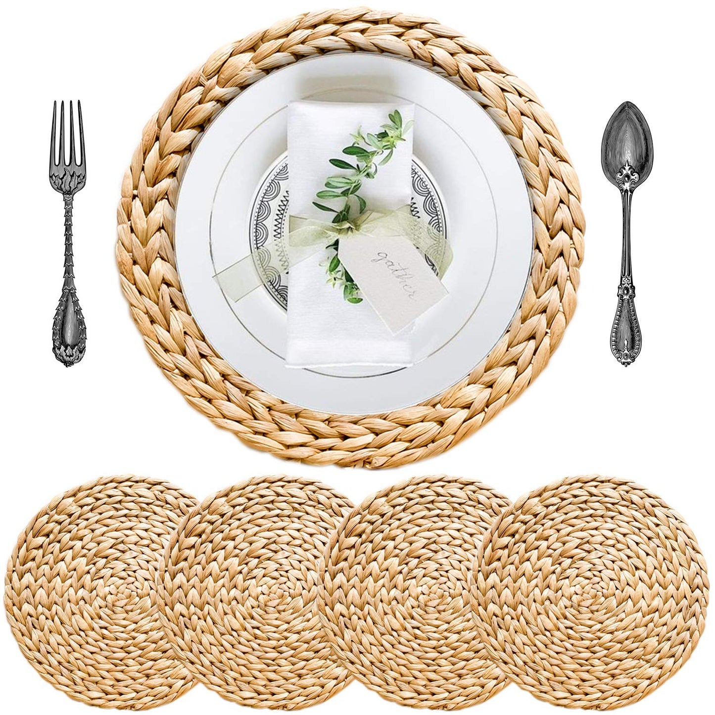 Woven Placemats Set of 4, Table Mats Set of 4, Water Hyacinth Round Placemats for Round Table, Chargers for Dinner Plates, Wicker Chargers for Dinner Plates, Woven Placemat, Place Mats 13.4 in