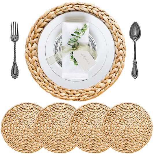 Woven Placemats Set of 4, Table Mats Set of 4, Water Hyacinth Round Placemats for Round Table, Chargers for Dinner Plates, Wicker Chargers for Dinner Plates, Woven Placemat, Place Mats 13.4 in