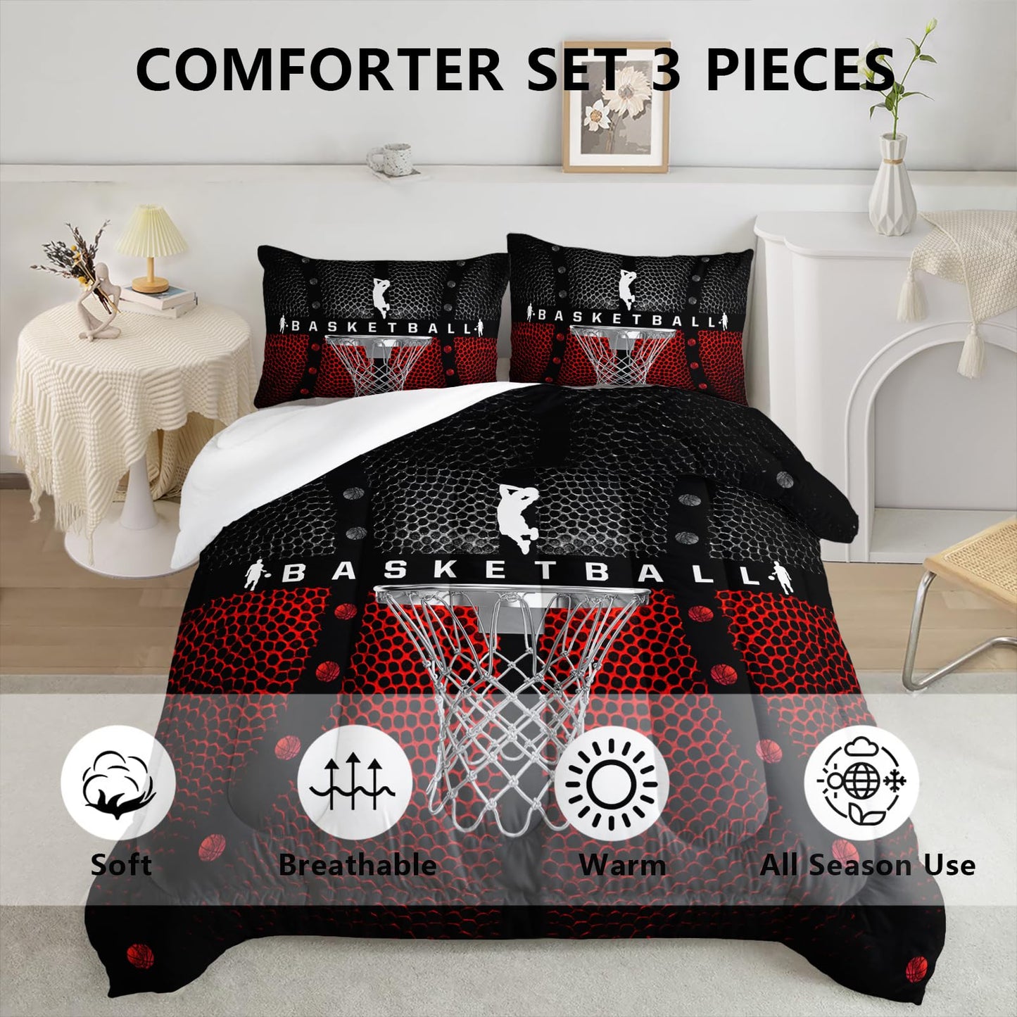 Axolotl Basketball Bedding Set for Boys Kids Teens,Soft Microfiber Black and Red Sports Theme Basketball Bedding Sets Full Size with 1 Comforter and 2 Pillowcases All Season