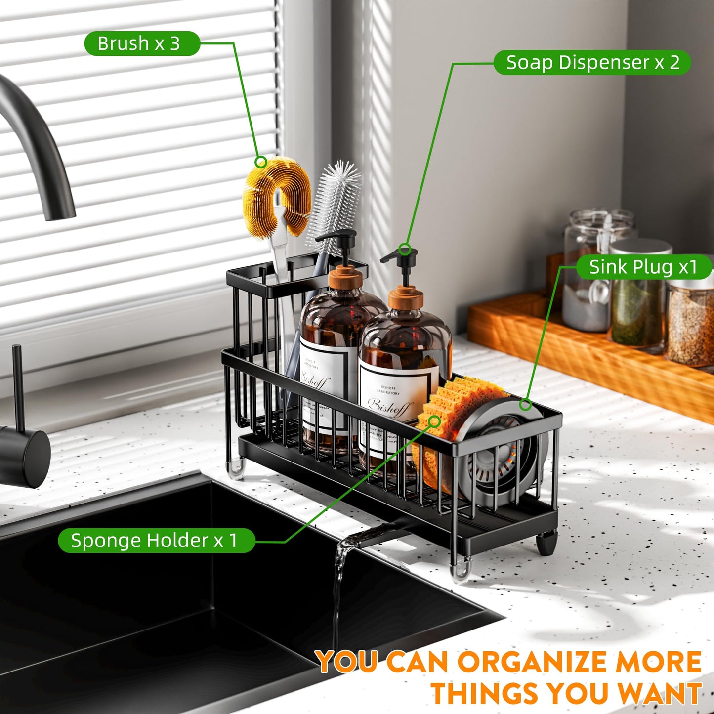 Cisily Sponge Holder for Kitchen Sink, Sink Caddy Organizer with High Brush Holder, Kitchen Countertop Organizers and Storage Essentials, Rustproof 304 Stainless Steel (Black, 10.62″)
