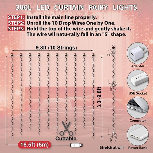 HXWEIYE 300LED Fairy Curtain Lights - 9.8x9.8Ft USB Plug-In with Remote | 8 Modes for Indoor Decor, Red