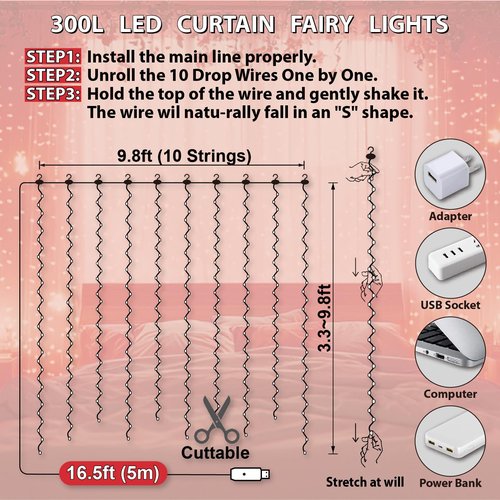 HXWEIYE 300LED Fairy Curtain Lights, 9.8x9.8Ft USB Plug-in 8 Modes Christmas String Hanging Lights with Remote for Bedroom Backdrop Wedding Indoor Wall Decor, Red, Standard – 1 Pack