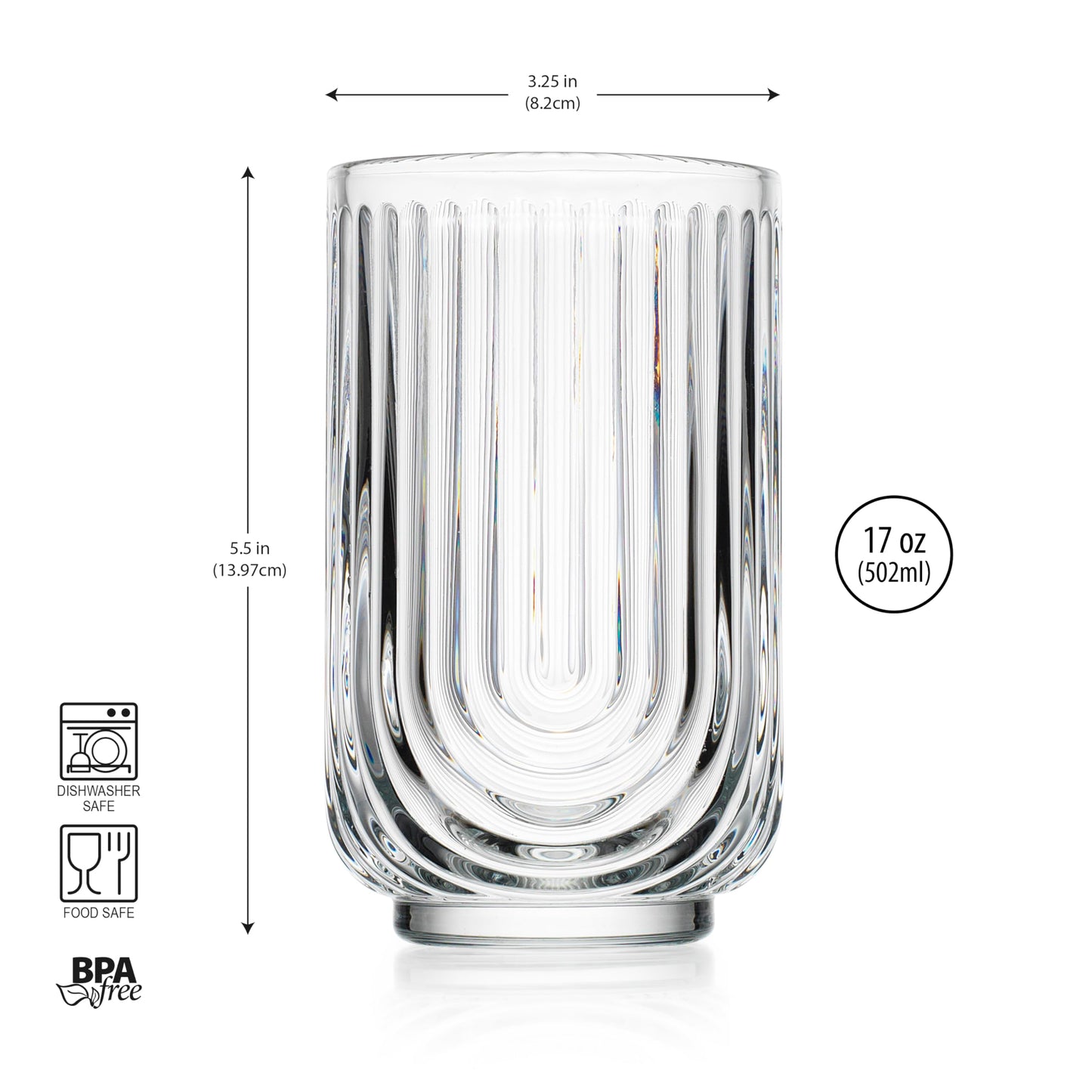 Glaver's Drinking Glasses Set of 8. 17oz Vintage Drinking Cups. Ripple Cocktail Glasses, Ribbed Drinking Highball Glass Cups. Arch Designed Art Deco Glassware for Water Juice Coffee. Package may Vary