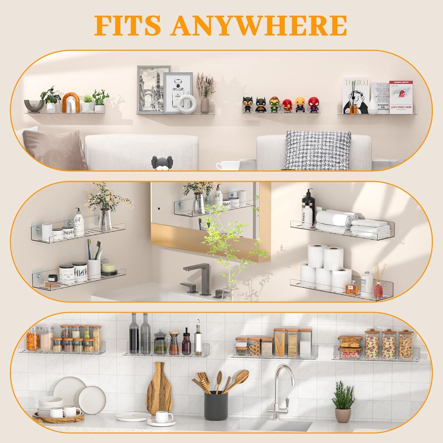 LAZYROSY Floating Shelves - Clear Acrylic Wall-Mounted No Drill Storage | 4 Pack for Bathroom, Kitchen & Living Room