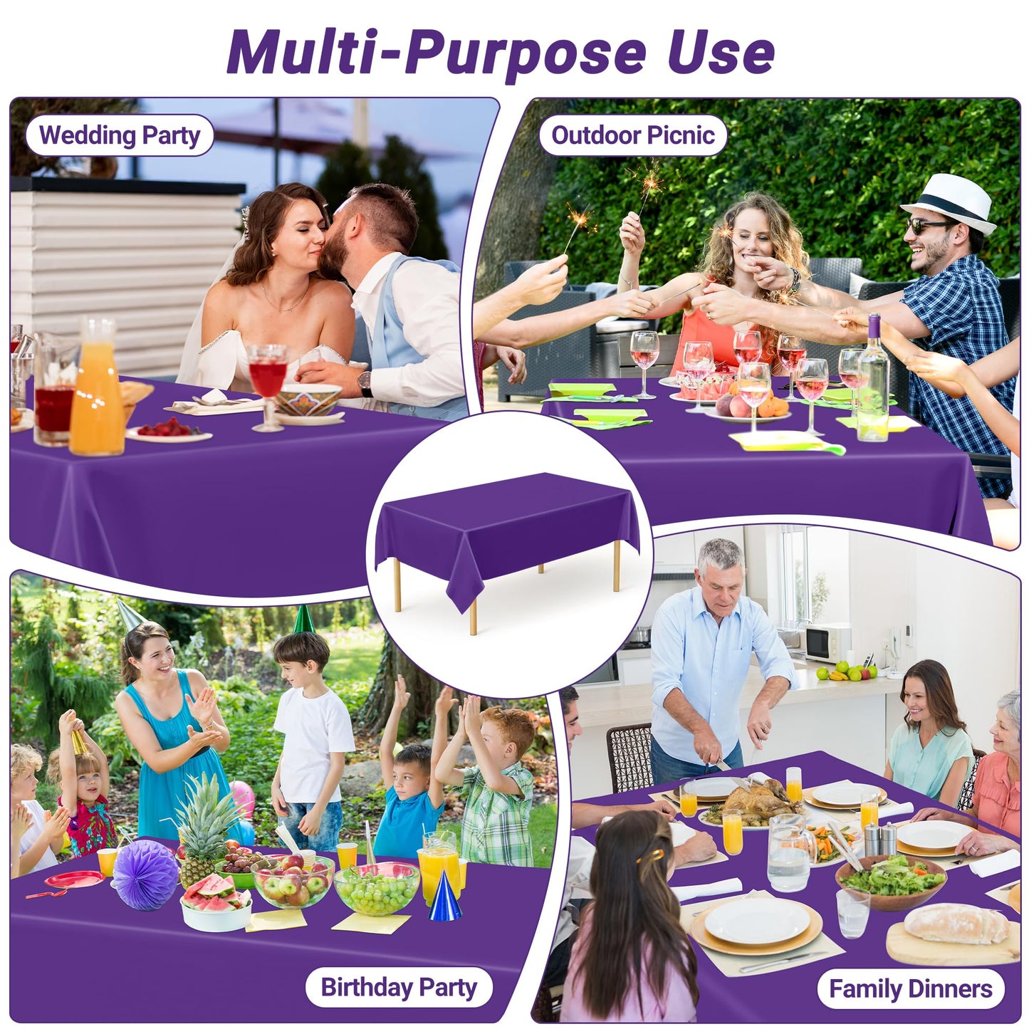 QZYL 12 PCS Purple Plastic Tablecloths, 54 in x 108 in Dinner Table Cloths, Rectangle Table Cover for Birthday Party Family Gathering Wedding