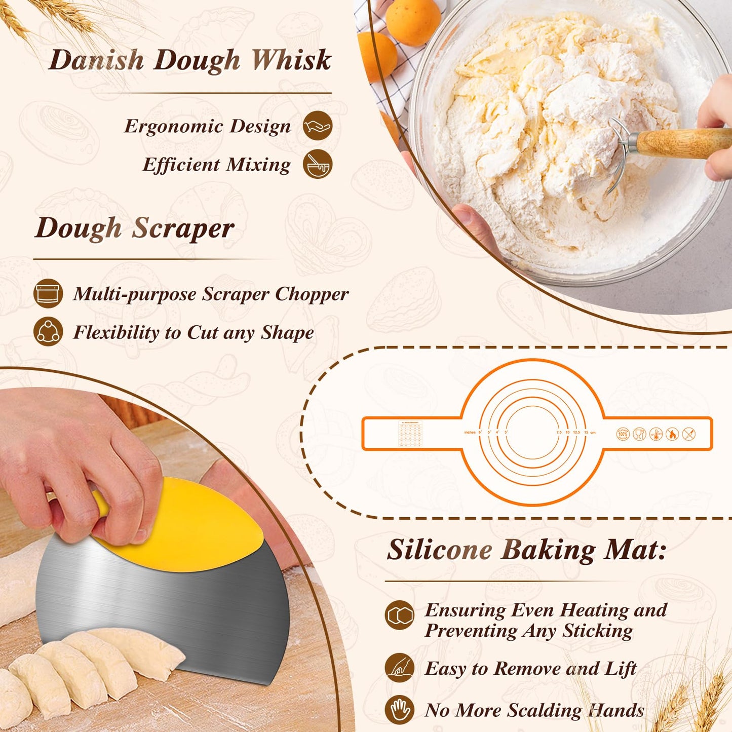 Banneton Basket Set of 2, 10" Oval & 9.7" Round Banneton Bread Proofing Basket with Liners, Bread Lame, Silicone Baking Mat, Danish Whisk, Brush, Proofing Bowls Sourdough Starter Kit Tools